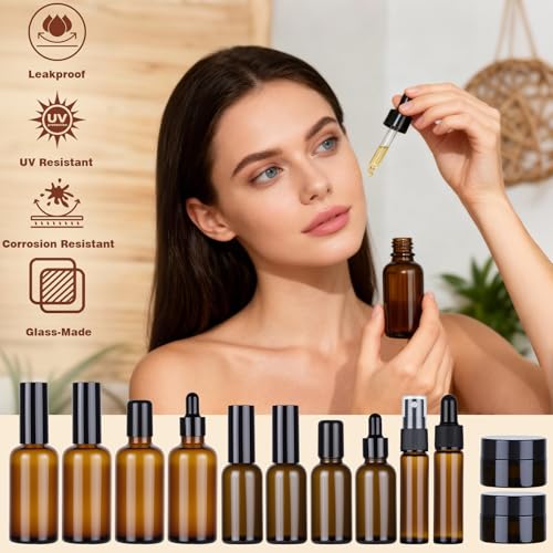 29 Pack TSA Approved Glass Travel Skincare Containers,Toiletry Bag£¬1.7/1/0.7/0.5/0.3oz Refillable Traveling Size Containers with Pump, Jars & Essential Oil Bottle , Leak-Proof for Creams & Liquids