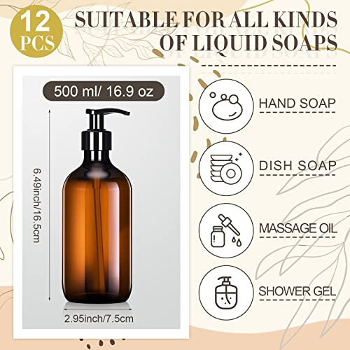 12 Pack Amber Pump Bottles 16.9 oz | Refillable Soap Dispenser