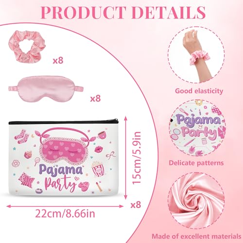24 Pcs Sleepover Party Supplies for Girls, Sleepover Squad Spa Party, Makeup Bags Party Favor with Satin Eye Mask Satin Hair, Scrunchies Pajama Slumber Squad, Birthday Party