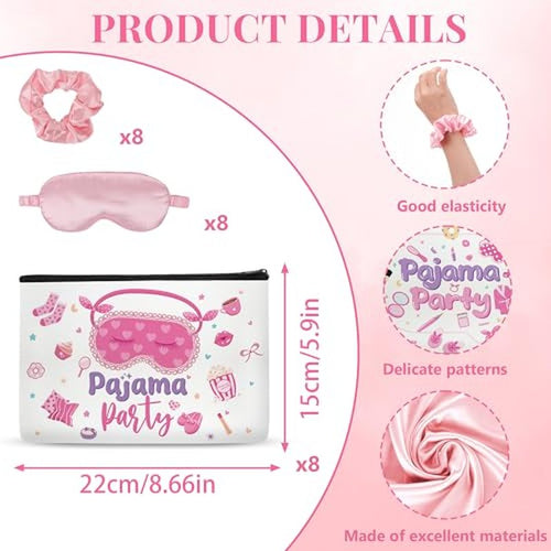 24 Pcs Sleepover Party Supplies for Girls, Sleepover Squad Spa Party, Makeup Bags Party Favor with Satin Eye Mask Satin Hair, Scrunchies Pajama Slumber Squad, Birthday Party