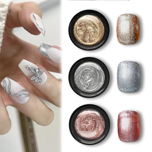 Gorvalin 30 ml Metallic Cream Painted Gel Nail Polish, 3D Silver Gold Rose Gold Glitter French Nail Art Painted Drawing Milky Gel Polish for Nail Liner Carving Sculpture