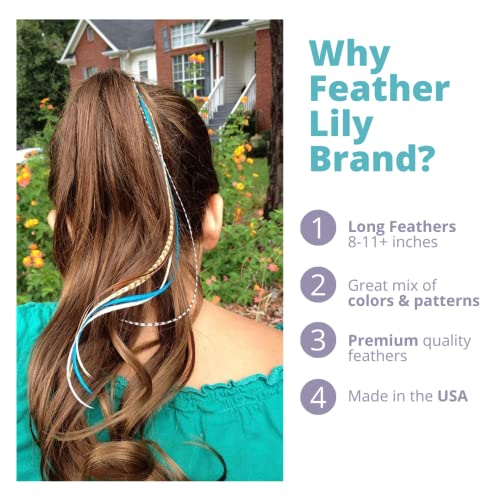 Feather Hair Extensions, 100% Real Rooster Hair Feathers, Long Natural and Turquoise Blue Colors, 20 Feathers with Beads and Loop Tool Kit NBT