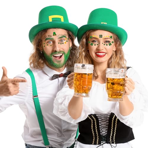 HOWAF 10 Sheets St Patrick's Day Face Tattoo Stickers,Shamrock Clover Facial Makeup Sticker Face Eye Tattoos for St. Patrick's Day Party Accessory, Irish Green Party Glitter Face Art Temporary Tattoos