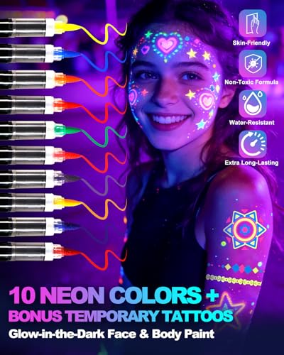 Sovano UV Glow Face & Body Paint Markers - 10 Neon Pens