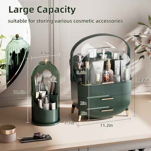 Makeup Organizers Countertop, Makeup organization for Vanity, Cosmetic Storage with Lid and Drawers, Skincare Display Cases with for Desktop, Bathroom (Green)