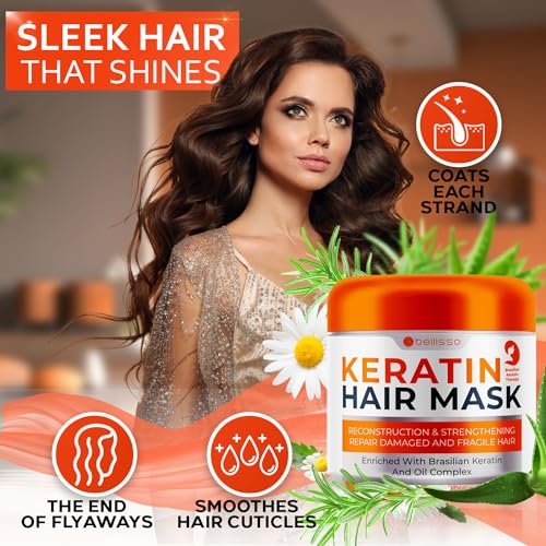 Keratin Hair Mask - Sulfate Free Hydrating Deep Conditioner Treatment for Dry, Damaged and Split Ends - Moisture for Frizzy and Curly Hair - For Women and Men - Moisturizer Care to Repair Damage