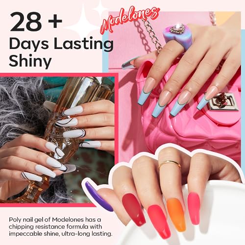 Modelones 133pcs Poly Nail Gel Kit, 32 Colors Spring Pink Pastel Poly Extension Gel kit with Nail Lamp Base Top Coat Slip Solution Builder Enhancement Manicure Tools for Starter Supplies