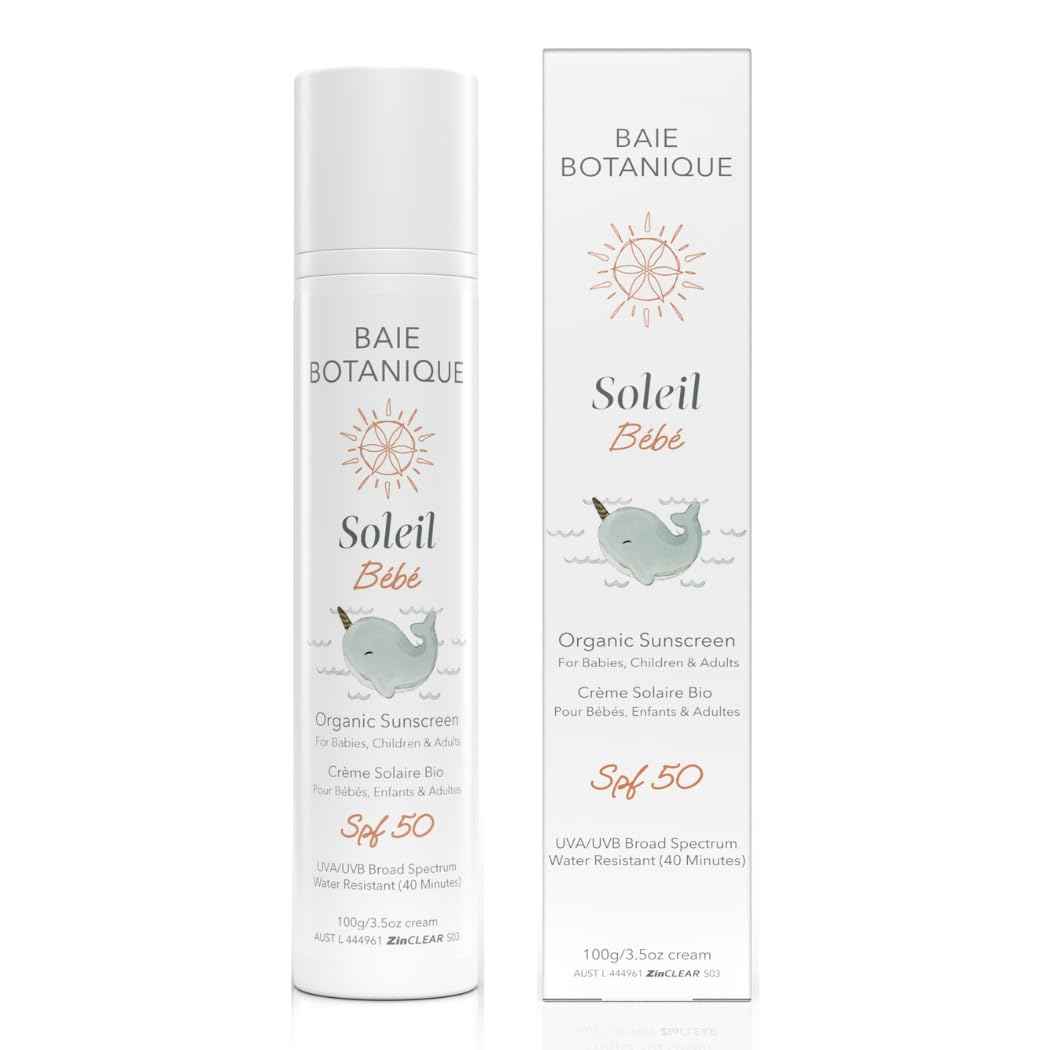 Baie Botanique Soleil Bébé - Organic Non-Toxic Mineral Baby Sunscreen SPF 50 - Sunflower & Jojoba - Unscented - Natural - Vegan - No White Cast - Reef Safe - UVA/UVB - 100g