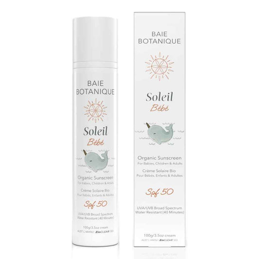 Baie Botanique Soleil Bébé - Organic Non-Toxic Mineral Baby Sunscreen SPF 50 - Sunflower & Jojoba - Unscented - Natural - Vegan - No White Cast - Reef Safe - UVA/UVB - 100g