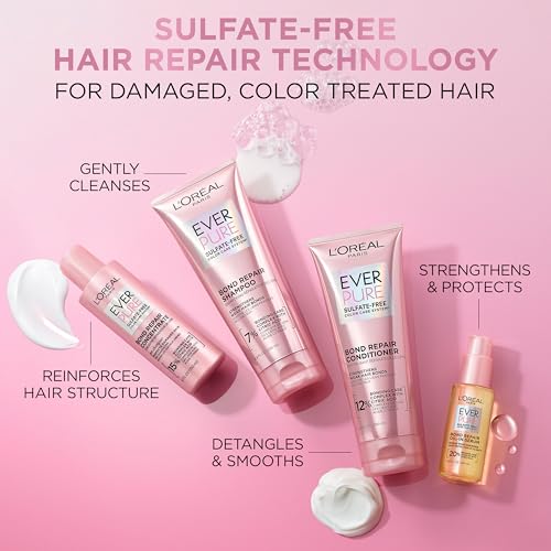 L'Oreal Paris Sulfate Free Bond Repair+ Shampoo,Hair Shampoo with Bond + Amino Acid Complex,Strengthens and Repairs Damaged or Color Treated Hair,EverPure,6.8 Fl Oz (Packaging May Vary),(Pack of 2)