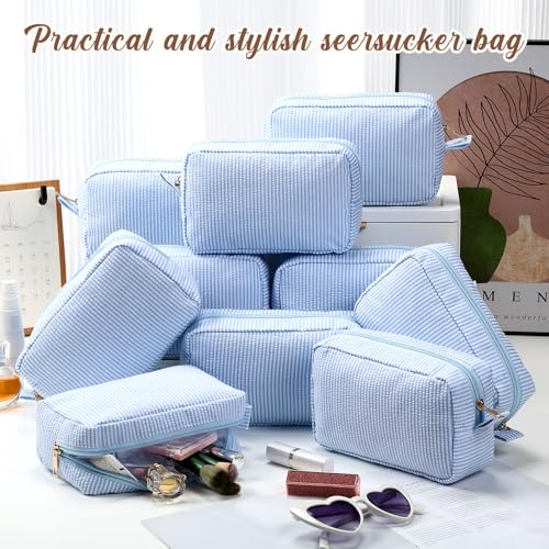 Sanwuta Seersucker Cosmetic Bag Set 10pc Light Blue