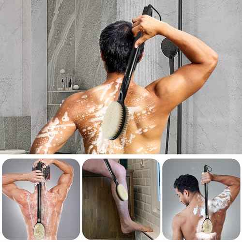 Back Scrubber with Soft and Stiff Bristles, 17''-25'' Long Handle Dual-Sided Shower Brush for Body for Deep Cleaning