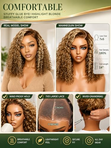 KLAIYI Blonde Bob Water Wave Glueless Lace Front Wig 10inch