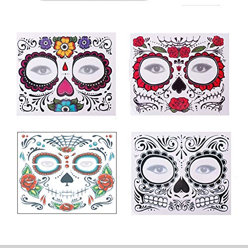 4 Pack Day of The Dead Sugar Skull Face Temporary Tattoo Halloween Makeup Tattoo Stickers for Halloween Masquerade Party(Floral, Red Roses,Black and Floral Skeleton)