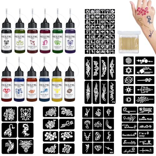 Temporary Tattoo Kit - 12 Colors Ink & 120 Stencils