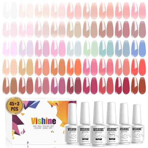 Vishine 48 PCS Gel Polish Set, 45 Jelly Nude Pink Gel Nail Polish Set All Season Neutral Sheer Milky White Gel Nail Polish Set with Gel Base and Matte Glossy Top Coat Manicure Salon at Home