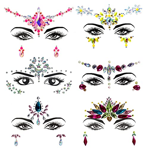 Face Jewels Rhinestone Stickers Set - 6 Sheets Festival & Halloween