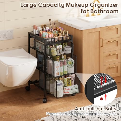 Rolling Makeup Cart Organizer 4-Tier 3 Drawers with Dividers, Black – JKsmart