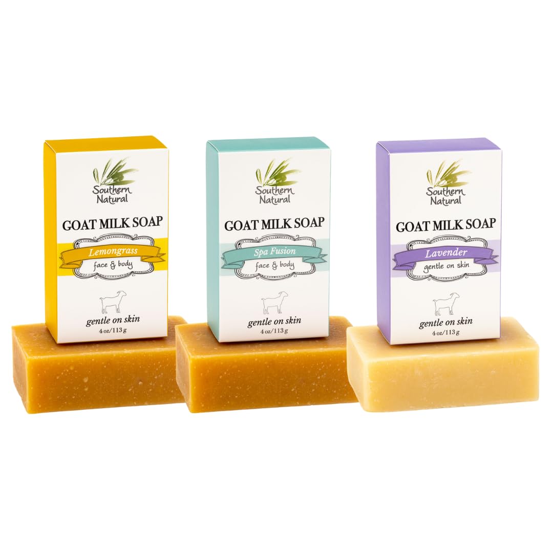 Southern Natural Goat Milk Soap Bar (Variety 3 Pack) Lavender, Lemongrass, Spa Fusion - For Dry Sensitive Skin. Natural Handmade Soap For Face and Body.(Each Bar 4-4.5 oz)