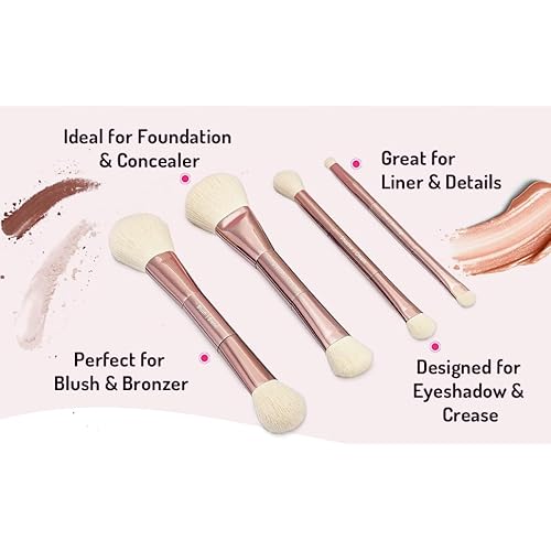 Jenny Patinkin Luxury Sustainable Mini Dual-Ended Makeup Brush Set, 4 Piece Professional & Travel Makeup Brushes with Case, Vegan, Cruelty-Free Brush Kit for Face and Eyes, Eco Friendly, On-The-Go Use