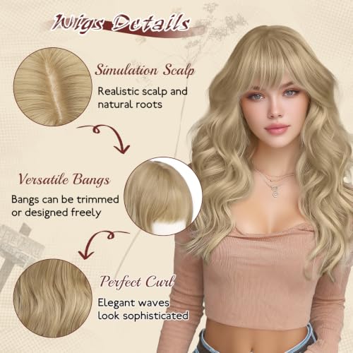 Haloo Blonde Wigs with Bangs - 20 Inch Long Wavy Synthetic Hair Wig for Women, Dirty Blonde