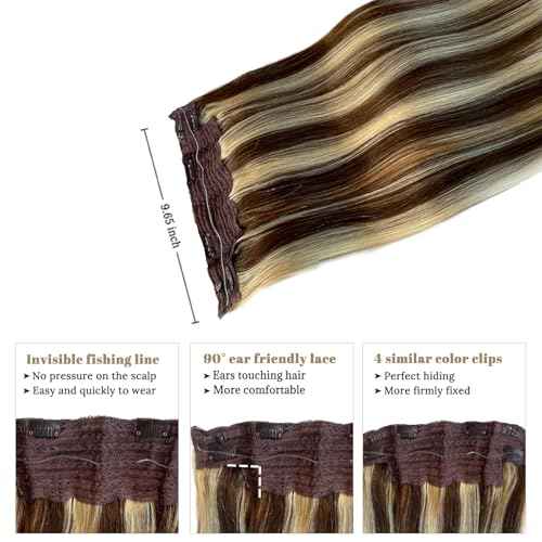 Invisible Halos Human Hair Extensions Ombre Fishing Line Hair Extensions with Adjustable Clips Light Brown to Blonde 613 Human Hair Extensions for Wedding Hairstyle 20in 100g