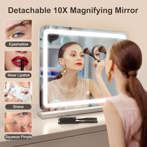 STARLEAD 19" x 14" Makeup Mirror with Lights and 10X Magnification, 3-Color Dimmable LED Lighting & Touch Control, USB Charging Port for Travel/Dressing Room