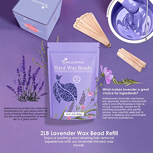 Lavender - Wax Beads for Hair Removal - Natural & Hypoallergenic Formula - Stripless Refillable 2LB - Ideal for At-Home Use and Sensitive Areas
