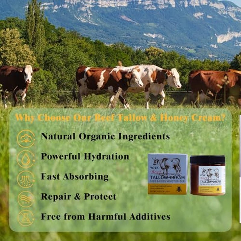 Beef Tallow for Skin,OrganicGrass-Fed Beef Tallow & Honey Balm,Deeply Hydrating Face & Body Cream with Natural Beeswax,Repairing Moisturizer for All Skin Types,Face Creams120g/4.2oz(Honey Scent)