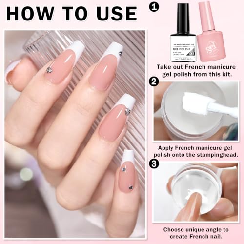 French Manicure Kit with Gel Polish, Nail Stamper & Brushes - Easy DIY