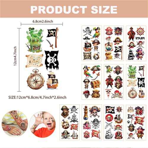 10Sheets Pirate Tattoos for kids - pirate stickers,Waterproof, Fun Designs for Parties, Easy to Apply, 3x3 Inches, Perfect for Pirate-Themed Birthday Parties,Pirate Party Decorations