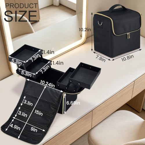 Extra Large 4-Tier Black Travel Makeup Train Case with Luggage Sleeve