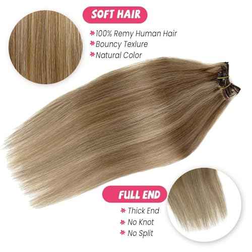 Clip in Hair Extensions Human Hair Light Blonde Mix Golden Blonde Highlights Real Human Hair Extension 12Inch 7pcs 70g Straight Silky Blonde Clip ins for Women