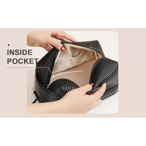 Makeup Bag, Large Double Layer Waterproof Travel Bag with Handle and Brush Compartment for Women (Black)