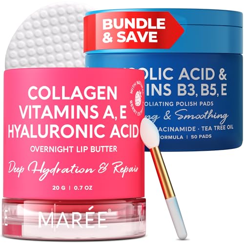 MAREE Bundle - Lip Mask & Glycolic Peel Pads - Hyaluronic Acid & Coconut Oil - Salicylic Acid & Vitamins E, B3, B - Nourish & Hydrate Dry Cracked Lips - Face Pads with Cleaning Effect