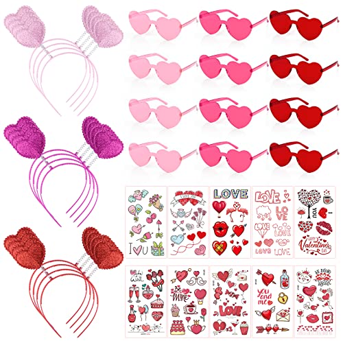 PLULON 34 Pieces Valentines Heart Headbands Heart Shape Sunglasses Temporary Tattoos Stickers Valentines Day Accessories Red Head Bopper Grasses for women Party Props Holiday Birthday