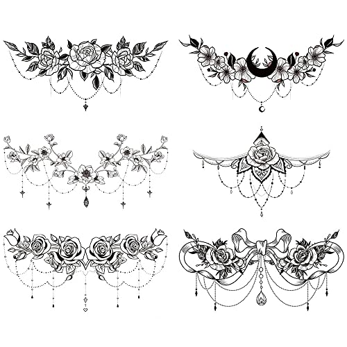 GLARYYEARS Temporary Tattoos for Women | 6-Pack Waterproof Black Floral