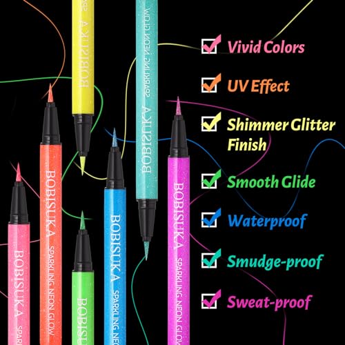 BOBISUKA UV Sparkling Eyeliner Set - 7 Color Neon Glitter Liquid & Glow Eyeliners - Waterproof, Long-lasting, Festival Makeup Kit (Variation: UV Sparkling Eyeliner Kit)