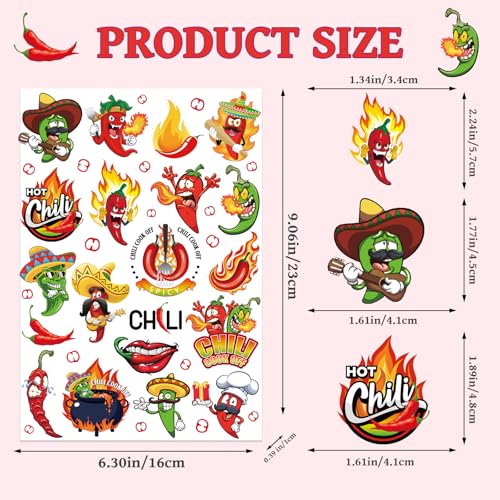 Chili Cook off Temporary Tattoos, 160 Pcs Chili Cook Off Decorations, Funny Red Hot Pepper Cook-Off Tattoo Stickers for Mexican Theme Cooking Fiesta Food Contest Competition Party Favors Supplies