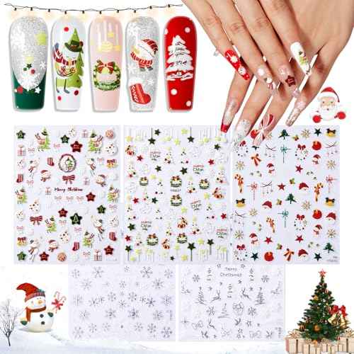 modelones Christmas Nail Stickers 3D Self-Adhesive nail decals Christmas Tree, Snowflakes, Santa Claus, Reindeer & Snowman, Winter Holiday Christmas DIY Nail Stickers for Women & Kids 5Pcs