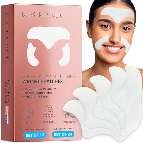 𝟏𝟐+𝟐𝟒 𝐏𝐫𝐞𝐦𝐢𝐮𝐦 Collagen Forehead & Smile Lines Wrinkle Patches, Advanced Anti Wrinkle Patches for Face Overnight, Hydrating Aloe, Forehead Wrinkles Treatment for All Skin Types