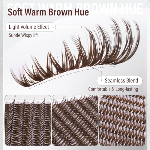 PHKERATA Brown Lash Clusters - Wispy C Curl Eyelash Extensions, 8-18mm, 132Pcs