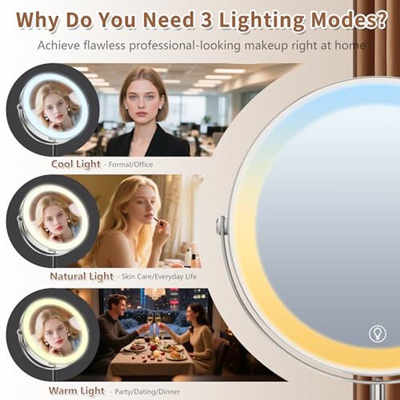 9" Magnifying Mirror with Light 1X/10X, Makeup Mirror with Light includes small mirror, 2000mAh Rechargeable, 360¡Æ Rotation, 3 Color Modes, Double-Sided, Ideal for Eyebrows, Lenses & Skincare