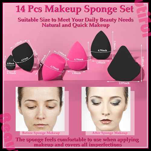 14 Pcs Makeup Sponges,Beauty Sponges Blender with 4 Pcs Powder Puff and 4 Pcs Mini Make up Sponges Valentine's Day Gift,Mother's Day Gift for Women Liquid,Foundation,Powder,Concealer(Black,Hot pink)