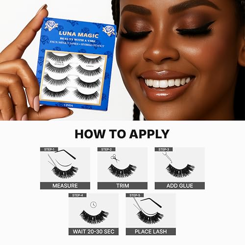 Luna Magic Linda Faux Mink Wispy Lashes with Soft Band, Reusable up to 10x, Lightweight Eye-Enhancing Design for Natural or Dramatic Eye Looks - Vegan & Cruelty-Free Eyelashes - 15MM ? 4 Pair
