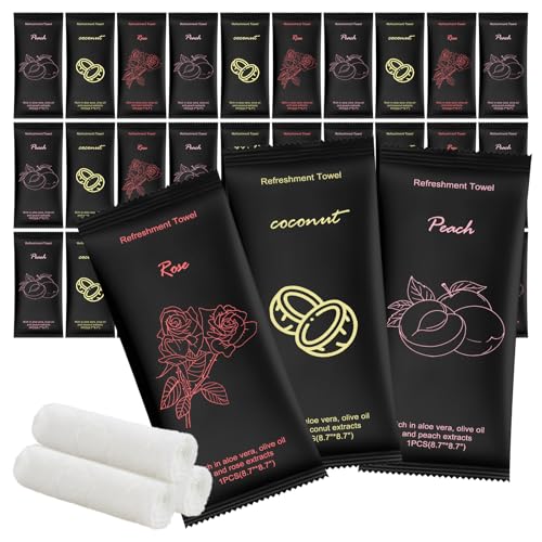 Moist Cotton Towel Bulk Moist Towelettes Individually Wrapped 8.7" x 8.7",White Towel Services,Refreshment Pre Moistened Towels Peach,Rose and Coconut for Sport Party Spa(Pack of 60)