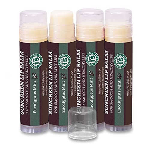 SPF Lip Balm 4-Pack by Earth's Daughter - Lip Sunscreen, SPF 15, Organic Ingredients, Eucalyptus Mint Flavor, Beeswax, Coconut Oil, Vitamin E - Hypoallergenic, Paraben Free, Gluten Free