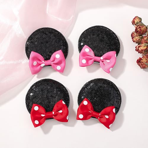 Ayesha Mickey Minnie Ears Hair Clips Mouse Ears for Toddler Girls Sequin Mouse Bows Barrettes Mice Ears Polka Dot Bows Mouse Hair Accessories for Baby Girls Toddler Kids Costume Party 4PCS