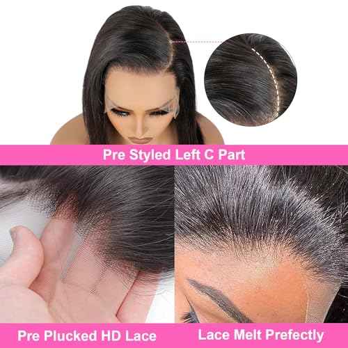 BLY 13x6 HD Lace Front Bob Wig 12 Inch C Part Short Straight Human Hair Wigs Side Part Pre Plucked Glueless Wig for Women Natural Black Color 180 Density
