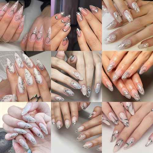 6 Sheets Lines Nail Art Stickers Decals Silver Stripe Line Nail Decals 3D Self-Adhesive Abstract Marble Wave Nail Design Holographic Irregular Line Nails Supplies Nail Accessories for Women Nail Decor